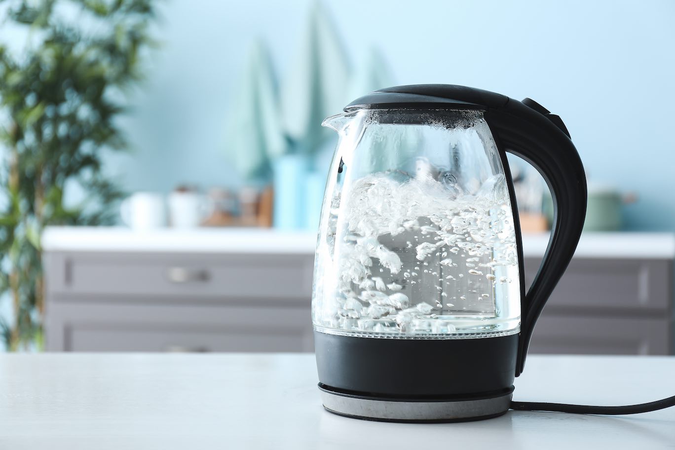 Picture of a transparent electronic kettle with boiling water